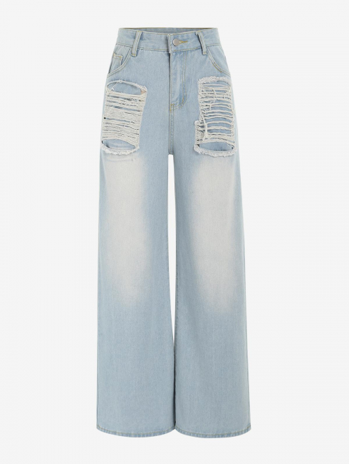 Ripped Wide Leg Baggy Jeans L Blue