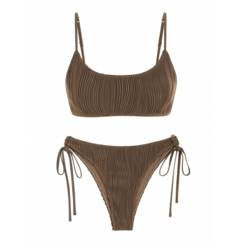 ZAFUL Cinched Side Tie Textured Tank Style Bikini Swimwear S Coffee