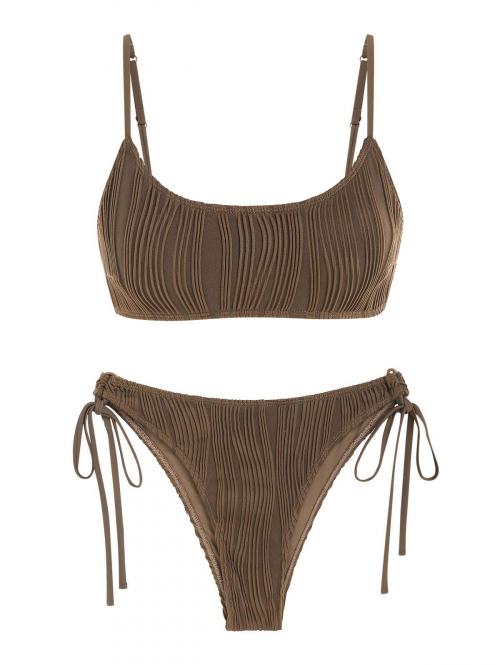 ZAFUL Cinched Side Tie Textured Tank Style Bikini Swimwear S Coffee