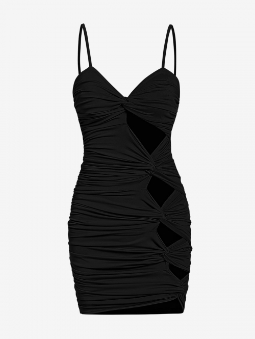 Bodycon Dress Women's Sexy Date Night Out Club Solid Color Twisted Cut Out Ruched Design Spaghetti Strap Slinky Cami Mini Dress S Black