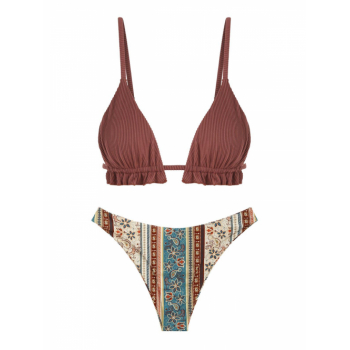 Ruffles Textured Ethnic Printed Boho Cheeky Bikini Swimwear S Deep coffee