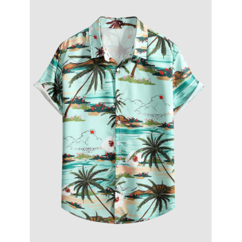 ZAFUL Men's Coconut Tree Sun Floral Scenery Print Short Sleeve Shirt S Light green