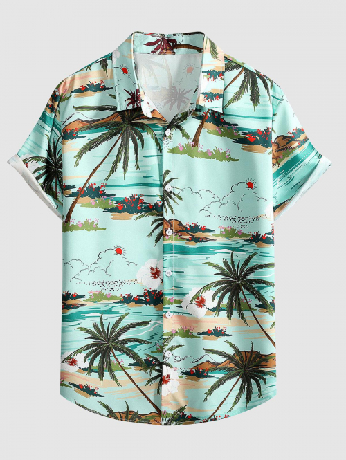 ZAFUL Men's Coconut Tree Sun Floral Scenery Print Short Sleeve Shirt S Light green