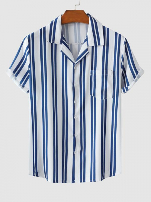 ZAFUL Men's Vertical Striped Pattern Front Pocket Short Sleeves Shirt L Light blue