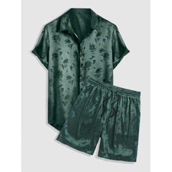 ZAFUL Men's Men's Jacquard Silky Satin Floral Print Rose Pattern Button Front Short Sleeve Shirt And Shorts Set Deep green