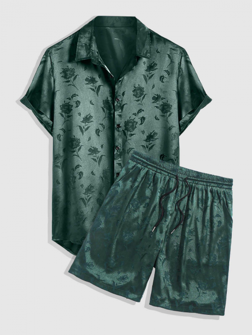 ZAFUL Men's Men's Jacquard Silky Satin Floral Print Rose Pattern Button Front Short Sleeve Shirt And Shorts Set Deep green