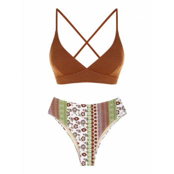 Fashion Women Tankinis ZAFUL High Waisted Ethnic Printed Criss Cross Lace Up Metallic Sparkly Shimmery Tankini Swimwear L Coffee