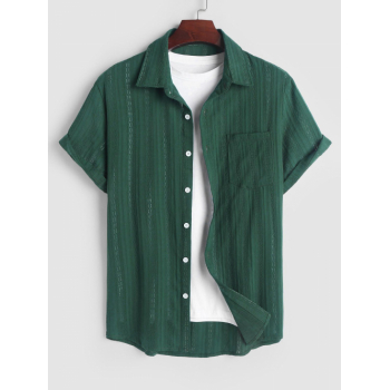 ZAFUL Men's Men's Solid Color See-through Openwork Detail Front Pocket Short Sleeves Shirt L Deep green