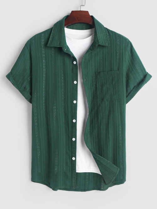 ZAFUL Men's Men's Solid Color See-through Openwork Detail Front Pocket Short Sleeves Shirt L Deep green