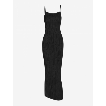 Bodycon Dress Crinkle Textured Back Slit Cami Bodycon Midi Dress L Black