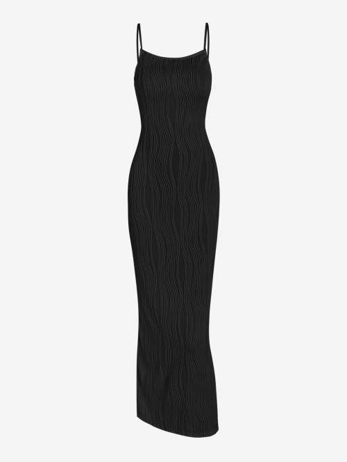 Bodycon Dress Crinkle Textured Back Slit Cami Bodycon Midi Dress L Black