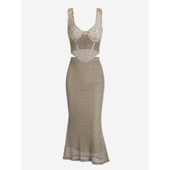 Women's Going Out Openwork Sheer Ribbed Knit Corset-style Space Dye Bustier Tank Top Fishnet Knitted Midi Slinky Mermaid Skirt Set Two Piece Dress Cof