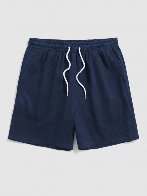 ZAFUL Drawstring Pocket Plain Corduroy Textured Shorts L Deep blue