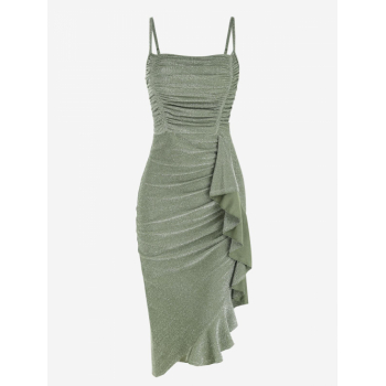 Bodycon Dress Metallic Ruched Flounce Asymmetric Party Vegas Dress M Green