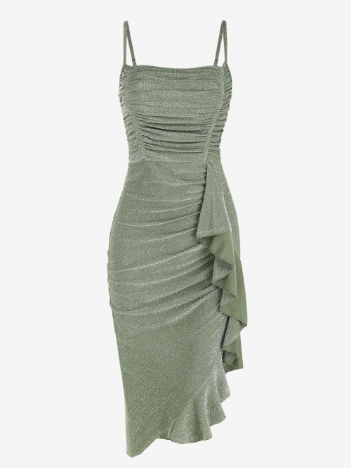 Bodycon Dress Metallic Ruched Flounce Asymmetric Party Vegas Dress M Green