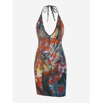 Mini Dress Abstract Tie Dye Printed Halter Open Back Slinky Mini Dress S Red