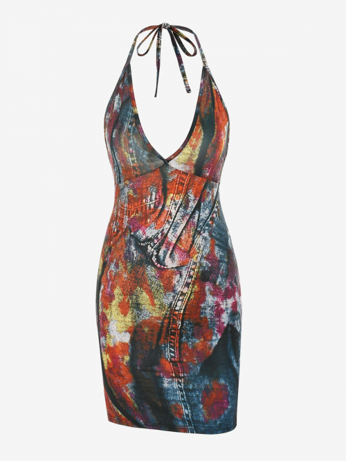 Mini Dress Abstract Tie Dye Printed Halter Open Back Slinky Mini Dress S Red