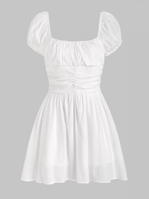 Mini Dress Ruched Puff Sleeve Mini Dress S White