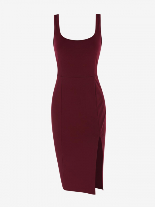 Bodycon Dress Women's U Neck Sleeveless Thigh High Split Midi Bodycon Dress For Cocktail Party L Deep red