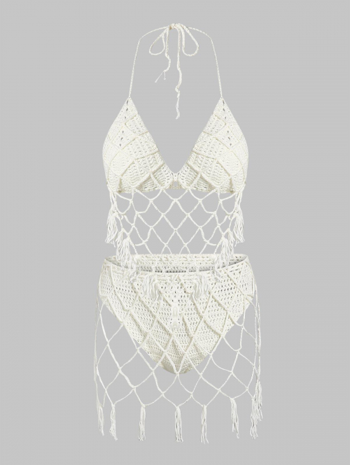 Women's Sexy Matching Two Piece Dress Beach Vacation Crochet Knit Fringed Design Bralette Bra Top and Briefs Lined Cover Up Skirt Set M White