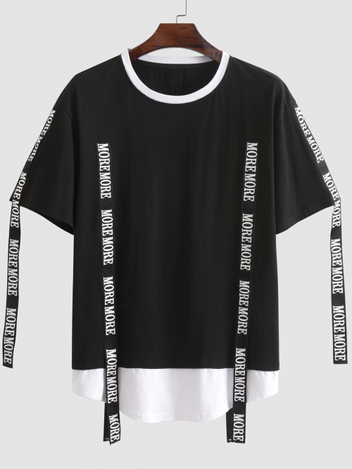 ZAFUL Men's ZAFUL Streetwear 100% Cotton Short Sleeves MORE MORE Letter Tape Colorblock Tee M Black