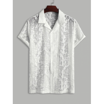 ZAFUL Men's ZAFUL Men's Sexy See-through Sheer Mesh Floral Pattern Openwork Burnout Design Lapel Collar Short Sleeves Button Front Casual Shirt S Whit