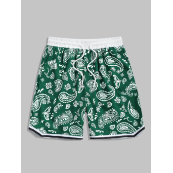 ZAFUL Men's Vintage Ethnic Paisley Floral Print Drawstring Summer Beach Vacation Shorts L Deep green