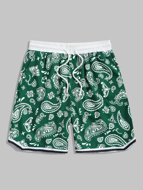 ZAFUL Men's Vintage Ethnic Paisley Floral Print Drawstring Summer Beach Vacation Shorts L Deep green