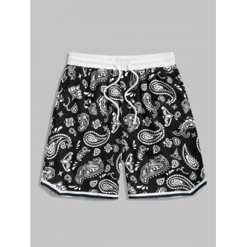 ZAFUL Men's Vintage Ethnic Paisley Floral Print Drawstring Summer Beach Vacation Shorts L Black