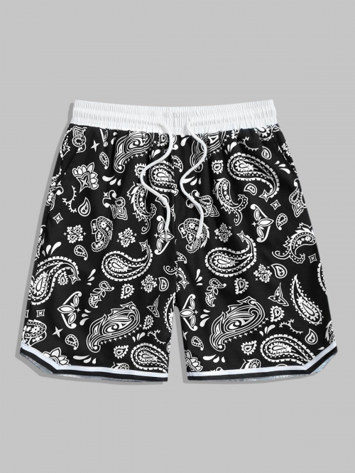 ZAFUL Men's Vintage Ethnic Paisley Floral Print Drawstring Summer Beach Vacation Shorts L Black