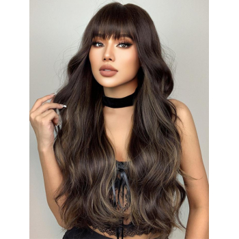 zaful Black Brown Highlight See-through Bangs Long Wavy Synthetic Wig