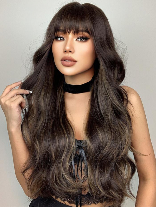 zaful Black Brown Highlight See-through Bangs Long Wavy Synthetic Wig