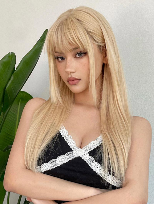 zaful Women's Blonde Full Bangs Long Straight Synthetic Daily Wig