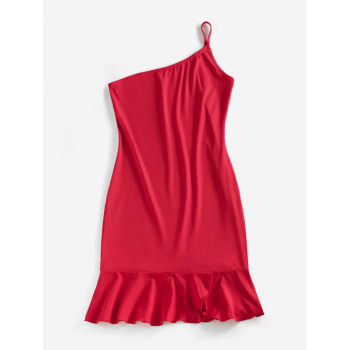 Mini Dress ZAFUL One Shoulder Ruffle Split Hem Slinky Dress M Red