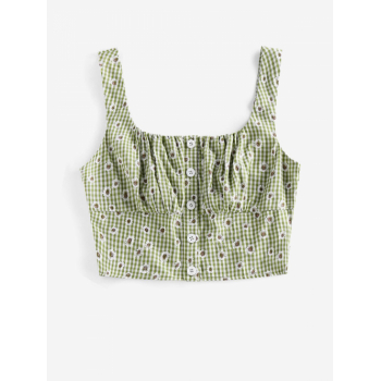 Women Tank Tops ZAFUL Daisy Print Gingham Smocked Crop Top L Light green