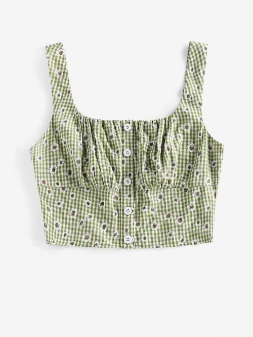 Women Tank Tops ZAFUL Daisy Print Gingham Smocked Crop Top L Light green