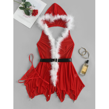 Christmas Feather Trim Belt Jagged Hem Hooded Babydoll with T-String M Red