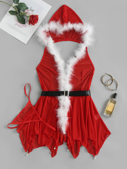 Christmas Feather Trim Belt Jagged Hem Hooded Babydoll with T-String M Red