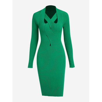 Women Ribbed Criss Cross Keyhole Slit Bodycon Dress M Deep green