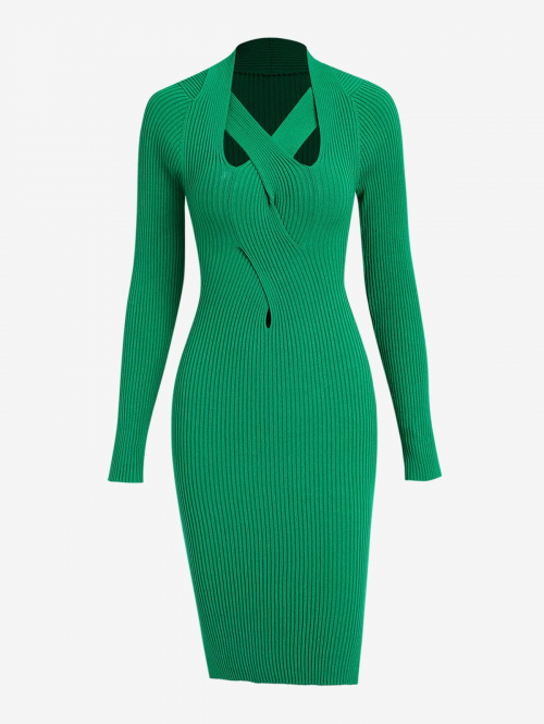 Women Ribbed Criss Cross Keyhole Slit Bodycon Dress M Deep green