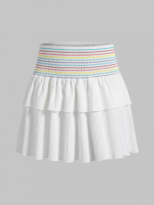 ZAFUL Rainbow Smocked Mini Layered Skirt L White