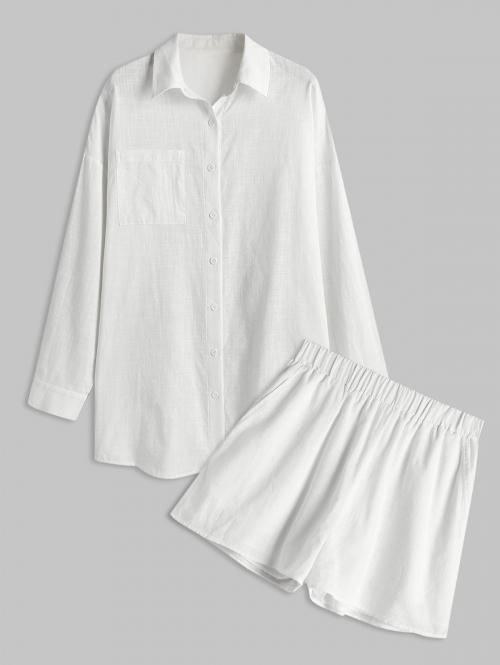 ZAFUL Front Pocket Button Down Loose Matching Shirt and Shorts Set M White