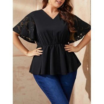 Women Blouse Women's Plus Size V Neck Jacquard Peplum Hem Short Sleeves Blouse 2xl Black