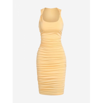 Bodycon Dress Solid Color Cinched Ruched Slinky Twisted Tank Mini Bodycon Dress M Yellow