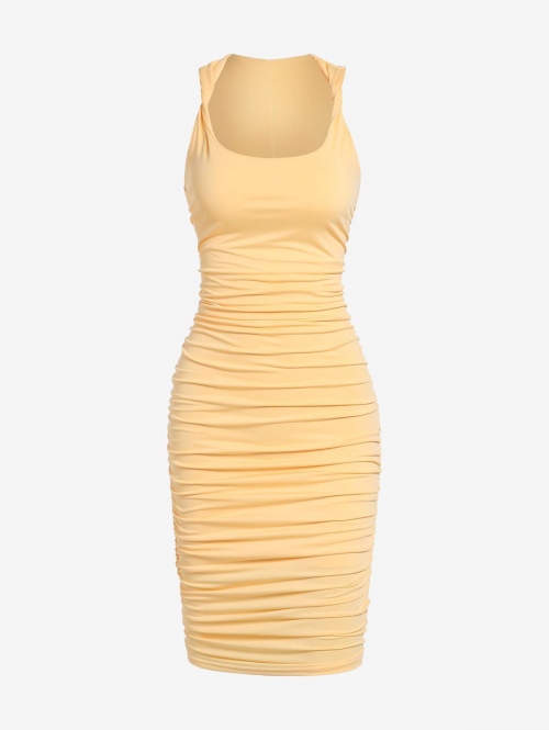 Bodycon Dress Solid Color Cinched Ruched Slinky Twisted Tank Mini Bodycon Dress M Yellow