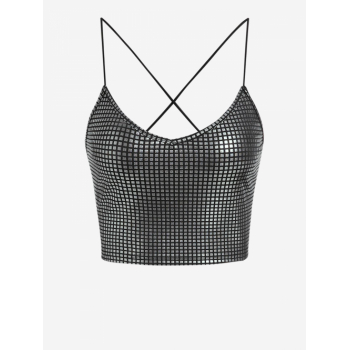 Women Tank Tops ZAFUL Women's Club Party Metallic Foil Criss Cross Bungee Strap Crop Camisole L Black