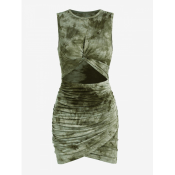 Bodycon Dress ZAFUL Tie Dye Twisted Cut Out Ruched Tulip Hem Bodycon Dress L Deep green