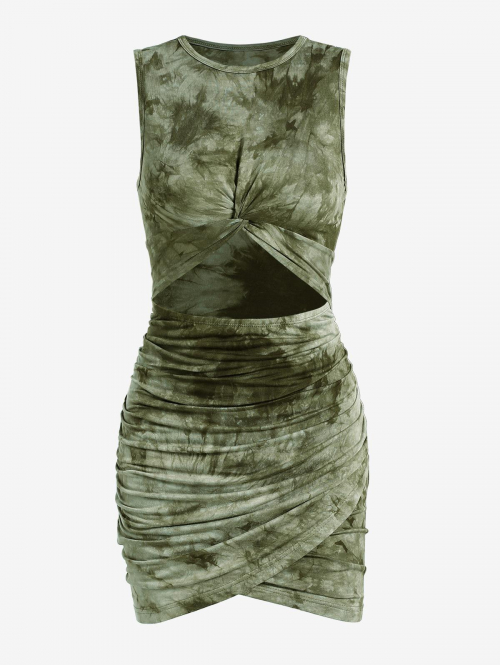 Bodycon Dress ZAFUL Tie Dye Twisted Cut Out Ruched Tulip Hem Bodycon Dress L Deep green