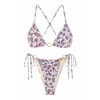 ZAFUL Women's Sexy O Ring Metal Decor Criss Cross Ethnic Boho Paisley Floral Print Triangle Tie Side String Tanga Bikini Set Swimwear M Multi a