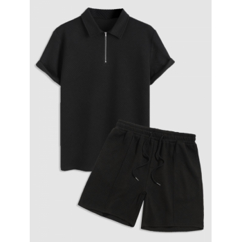 ZAFUL Men's ZAFUL Geometric Jacquard Textured Polo Collar T-shirt and Shorts Sports Set L Black